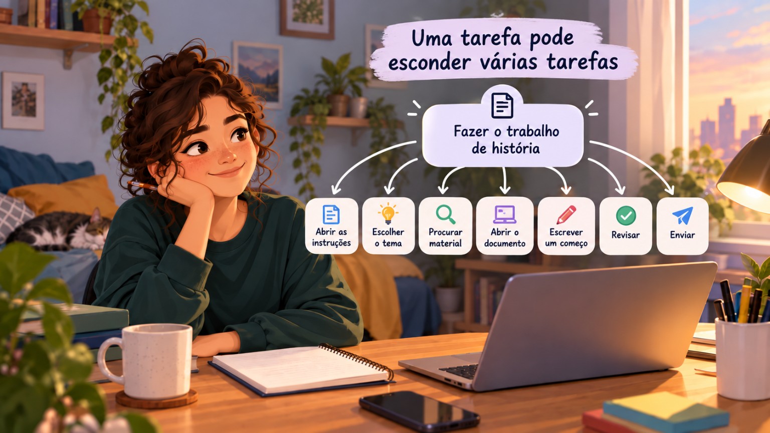 Ilustração e diagrama mostrando que a tarefa ‘fazer o trabalho de história’ pode ser dividida em etapas menores, como abrir instruções, escolher o tema, procurar material e revisar.