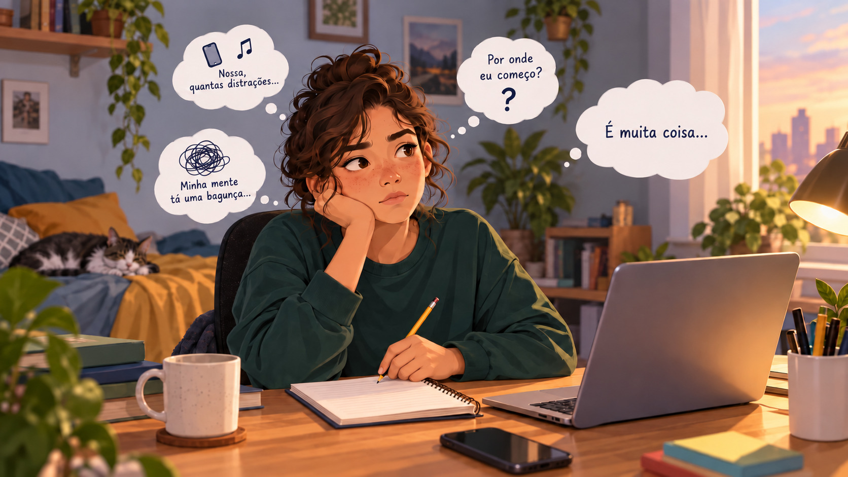Ilustração de uma jovem à mesa de estudos, com expressão de sobrecarga e dificuldade para começar, cercada por pensamentos sobre distrações, confusão mental e dúvida sobre por onde começar.