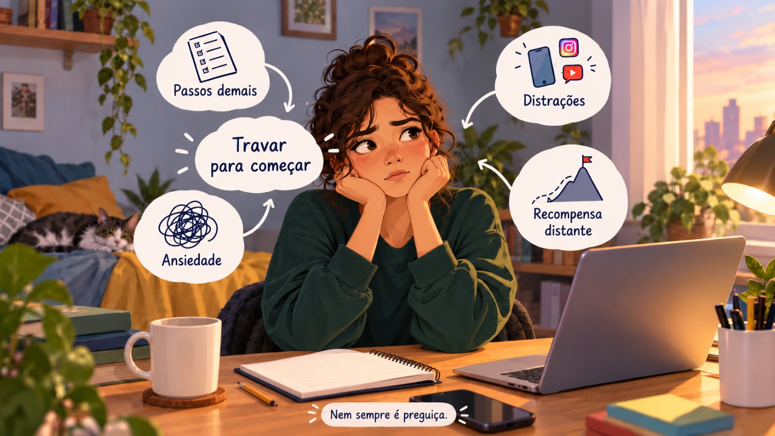 Ilustração mostrando uma jovem travada para começar e um mapa visual com fatores como passos demais, ansiedade, distrações e recompensa distante.